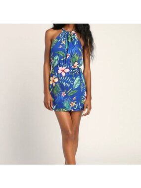 Lulus Vibrant Vacay Blue Tropical Print Faux-Wrap Sleeveless Romper XL